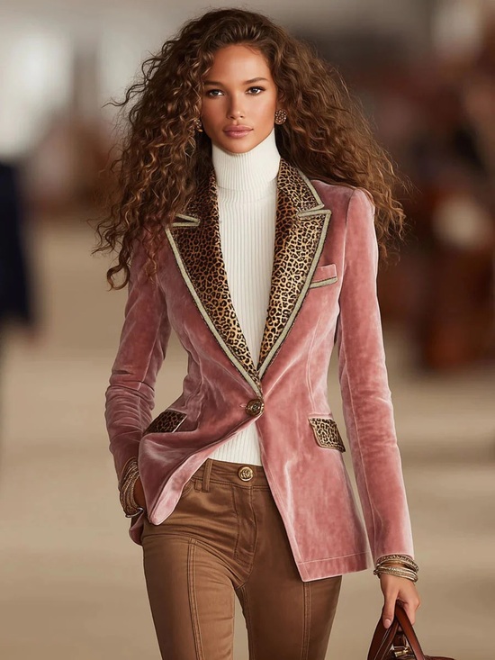 Oyrosy Jackets & Blazers - Oyrosy Pink & Leopard Print Velvet Blazer Jacket Gold Metallic Trim Size Medium